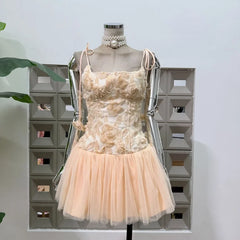 Embroidered Mesh Flower Tie Straps Tulle Mini Dress