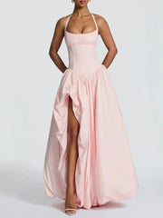 Halter Neck Puff Maxi Dress