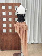 Fishbone Lace-Up Top And Mesh Asymmetrical Skirt Two-Piece Set