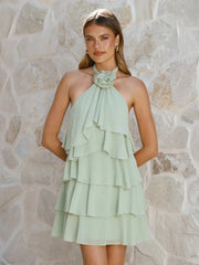 3D Flowers Ruffled Halter Tiered Mini Dress