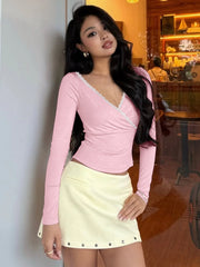 Lace Trim V Neck Long Sleeve Crop Top