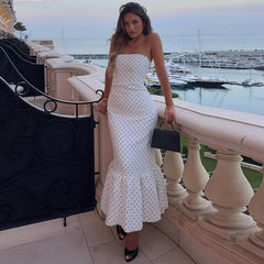 Polka Dot Strapless Tiered Hem Midi Dress