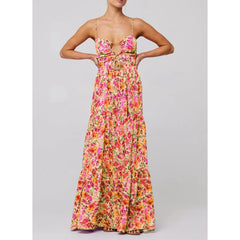Spaghetti Straps Cross Tie-up Front Floral Print Cutout Long Dress