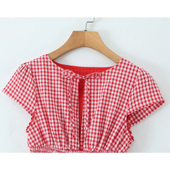 Red Plaid Puff Ruched Mini Dress