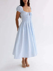 Striped Short Sleeve Ruched Bow Midi Dress