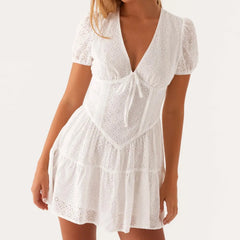 White V-neck Tie Up Mini Dress