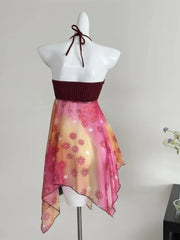 Red Halterneck Floral Print Top