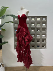 Strapless Diamonds Patchwork Ruffles Long Dress