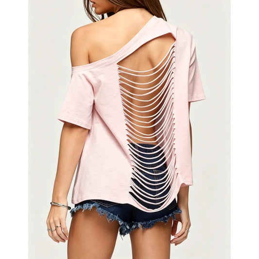 Off Shoulder Short Sleeve Distressed Tee