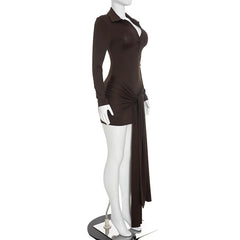 Turn-down Collar Buttoned Long Sleeve Waist Draped Mini Dress