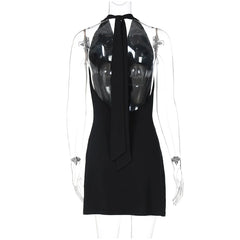 Cowl Neck Halter Water Drop Bead Mini Dress