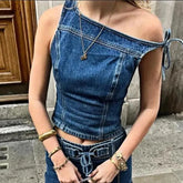 Denim One Shoulder Tie-up Top