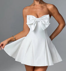 Large Bow Strapless Flare Mini Dress