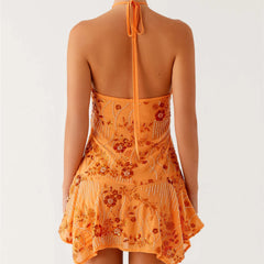 Orange Sequined Beaded Halter Strap Mini Dress