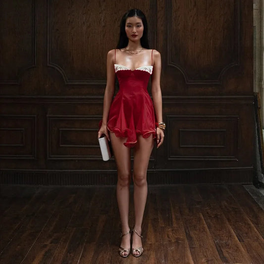 Red Embroidered Sweetheart Neck Spaghetti Strap Ruffled Hem Mini Dress