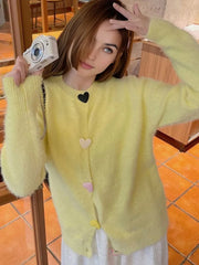 Heart Shaped Button Fuzzy Knit Cardigan