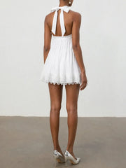 White Halter Strap A-line Mesh Mini Dress