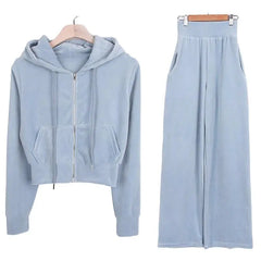 Velvet Hooded Zipper Crop Jackets And High Waist Straight Wide Leg Pants Set