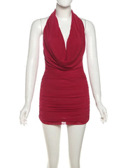 Red Cowl Mesh Backless Mini Dress