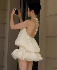 Halter Backless Top And Low Waist Ruffle Skirts Set
