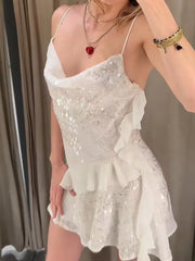 Sequin Layered Ruffle V-neck Sleeveless Mini Dress