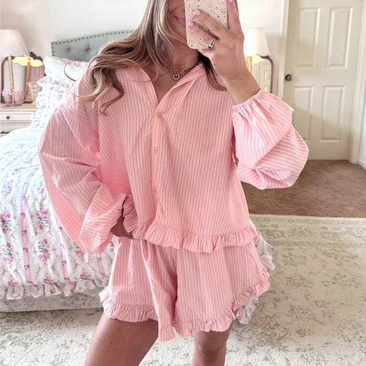 Striped Ruffle Long Puff Sleeve Button Down Shirt and Shorts Pajama Set
