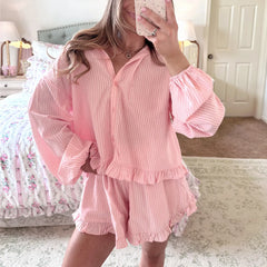Striped Ruffle Long Puff Sleeve Button Down Shirt and Shorts Pajama Set