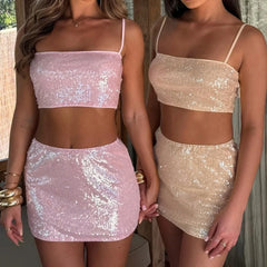 Sequin Spaghetti Straps Crop Top and Mini Skirt Set