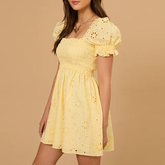 Square Collar Jacquard Puff Sleeve Mini Dress