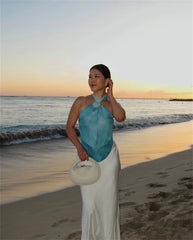 Blue Tie Dye Halter Deep Neck Top