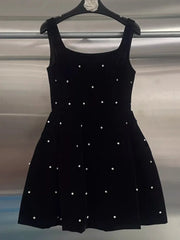 Velvet Pearl Bow Strap Flared Mini Dress