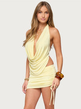 Yellow Halter Neck Backless Top And Mini Ruched Skirt Set