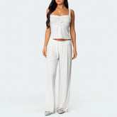 White 3D Bow Frill Trim Crop Top And Long Pants Lounge Set