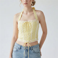 Gingham Halter Lace Trim Tie Back Crop Top