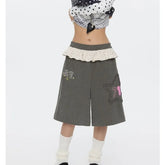 Grey Polka Dot Ruffles Patchwork Capri Pants