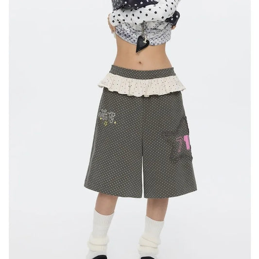 Grey Polka Dot Ruffles Patchwork Capri Pants