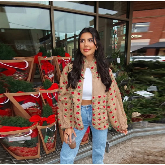 Floral Plush Zipper Pockets Jacket