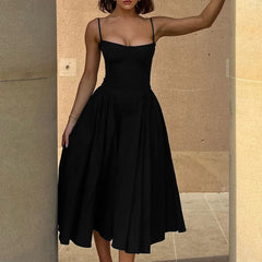 Solid Spaghetti Strap Bustier Pleated Midi Dress