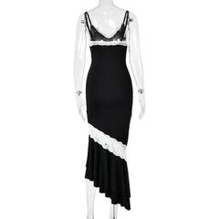 Lace Trim Ruffle Mermaid Hem Cami Midi Dress