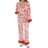 Christmas Satin Fur Trim Button-down Shirt And Pants Pajama Set