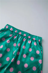 Satin Polka Dot Long Sleeve Feather Cuff Top And Shorts Set