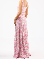 Pink Printed Square Neck Long Dress with Scarf