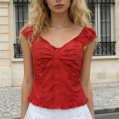 Ruffle Trim Back Tie Buttoned Top