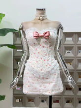 Floral Strapless Bow Ruffle Corset Top And Bodycon Mini Skirt Set