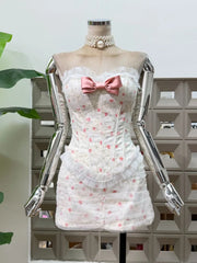 Floral Strapless Lace Ruffle Corset Top And High Waist Bodycon Skirt Set