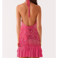 Sequin Beaded Halter Strap Mini Dress