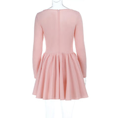 Pink Long Sleeve Pleated Ruched Corset Style Mini Dress