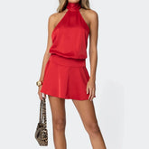 Red Satin Open Back Halter Neck Mini Dress