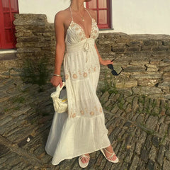 Embroidery Smocked V-Neck Halter Long Dress