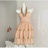 Orange Sequin Necked Gold Trim Hem Mini Dress